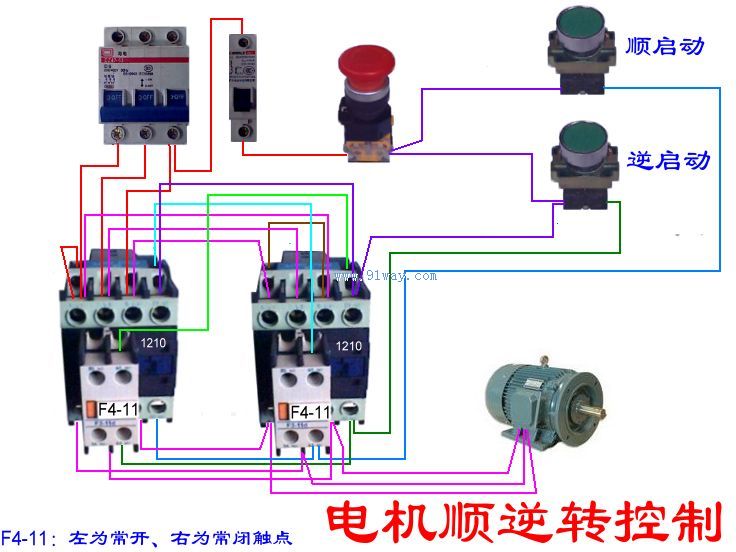 交流接触器控制电机正反转接线图--上海华邦工业商务网-www.91way.com