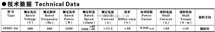 Technical parameters of J250Y-24 three-phase intermediate frequency asynchronous motor