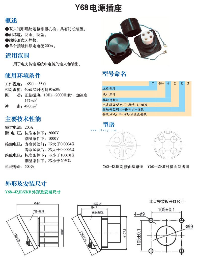 Technical parameters of Y68 power socket