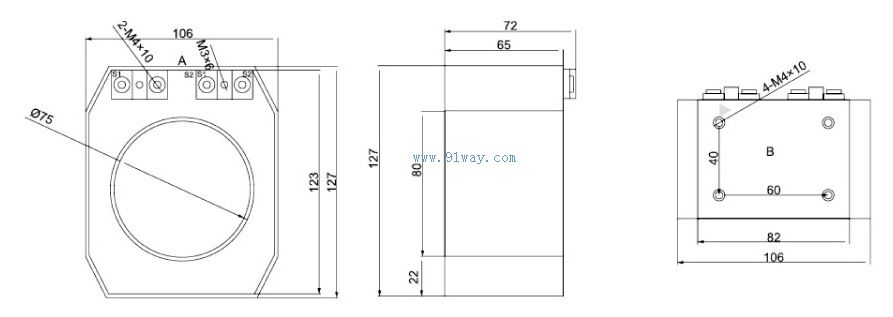 Installation dimensions of LJ-ZW20-10 zero sequence measurement and protection integrated current transformer
