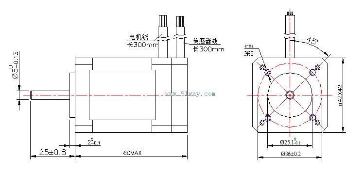 Installation dimensions of 42SW series brushless DC motor
