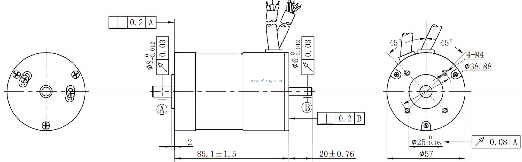 Installation dimensions of 57ZWS02 DC permanent magnet brushless motor