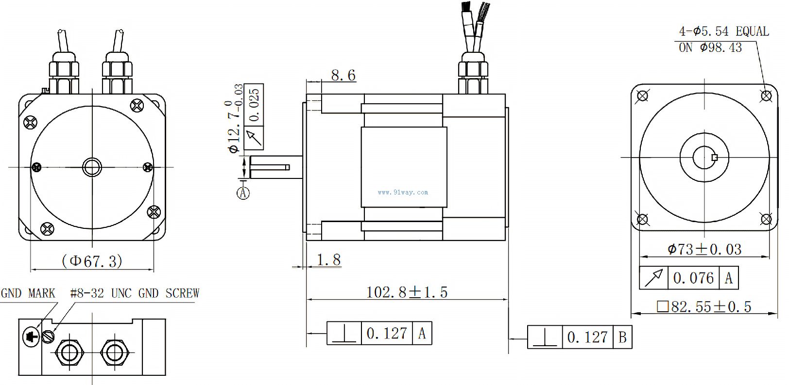 Installation dimensions of 83ZWS03 DC permanent magnet brushless motor