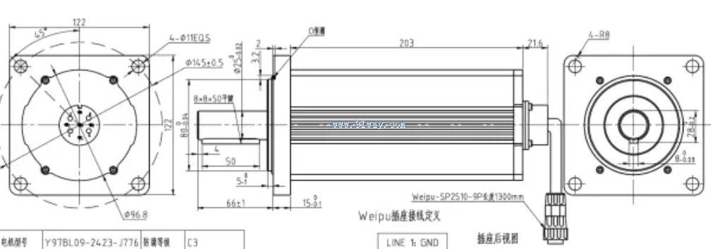 Installation dimensions of Y97BL09-2423-J776 brushless DC reduction motor