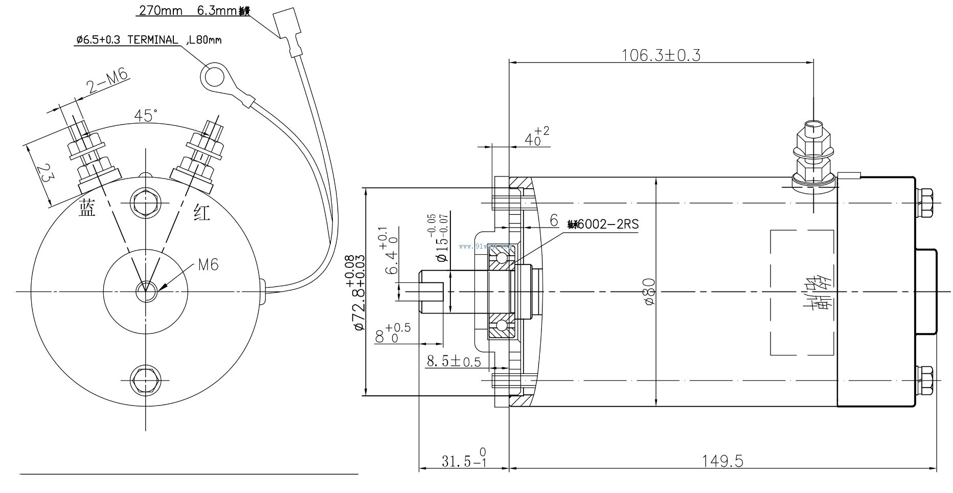 Installation dimensions of M108XXR, M108XXRDT DC traction motor
