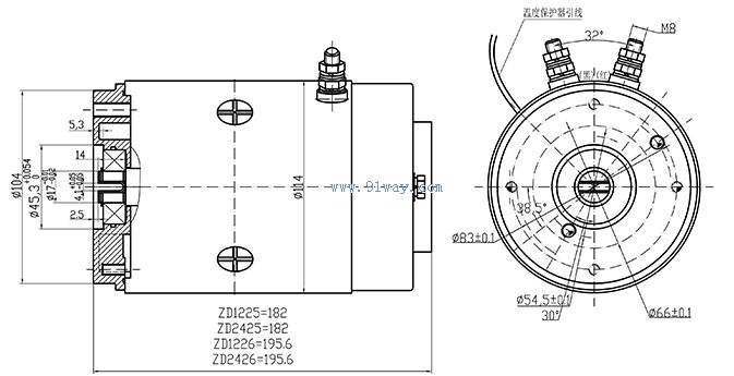 Installation dimensions of ZD1225 and ZD2425 DC traction motors