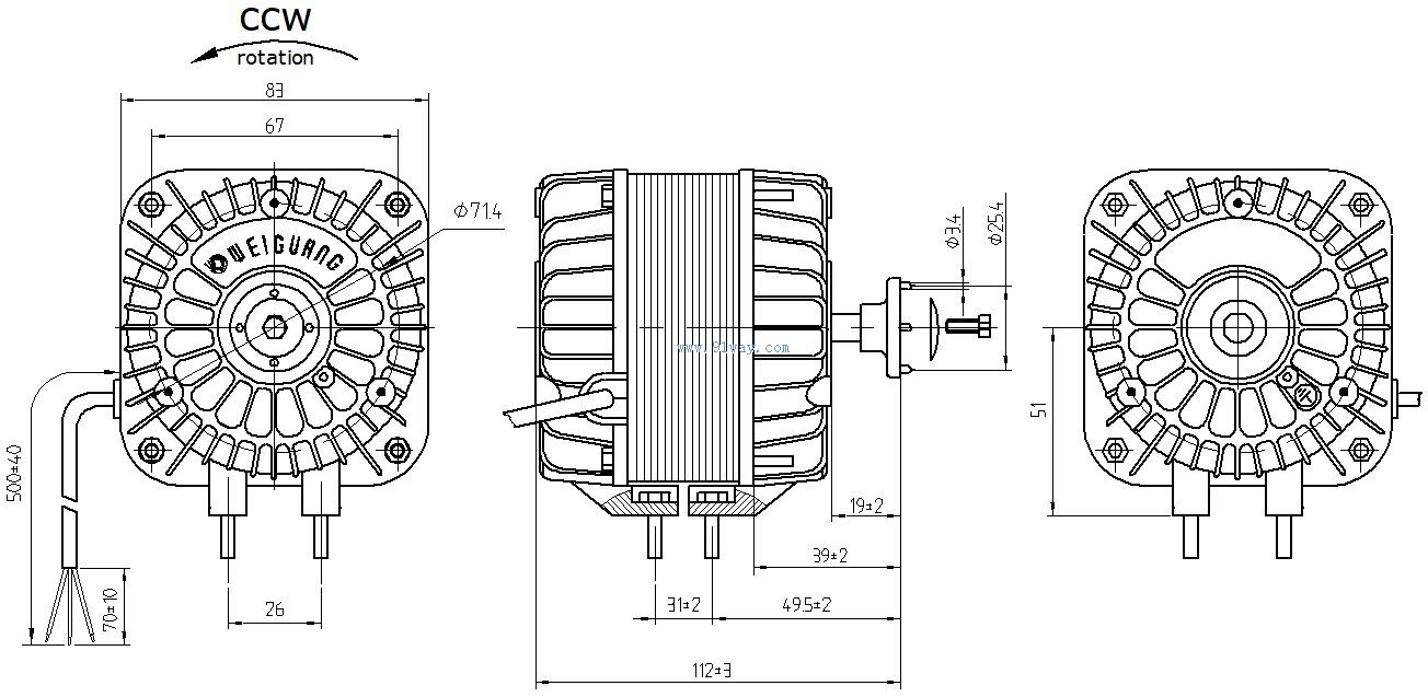 Installation dimensions of YZF25-40 single-phase AC shielded pole motor