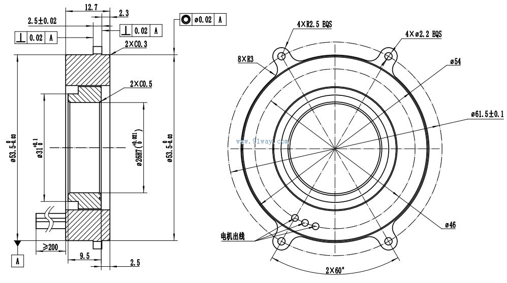 Installation dimensions of J54LWX002 permanent magnet DC brushless torque motor