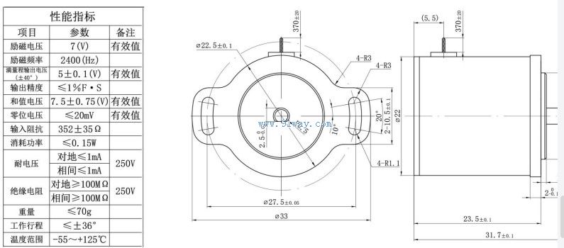 Technical parameters and installation dimensions of J21CJW002 rotary variable differential transformer