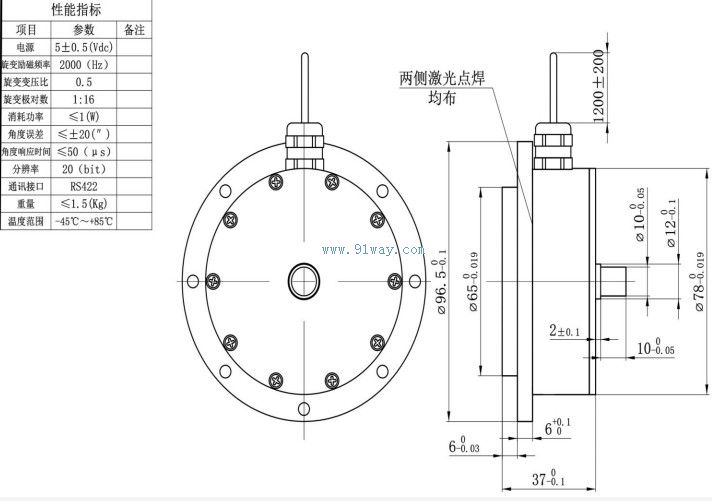 Technical parameters and installation dimensions of J70MAXS007 rotary inductive shaft angle encoder