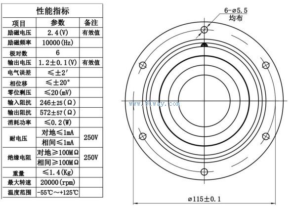Technical parameters of J100XFDW001 brushless multipole rotary transmitter