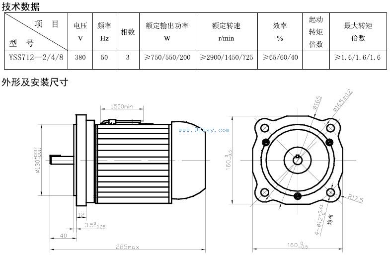 Technical parameters and installation dimensions of YSS712-2/4/8 three-phase three speed asynchronous motor