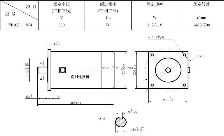 Technical parameters and installation dimensions of JYD100L-8/4 three-phase dual speed asynchronous motor
