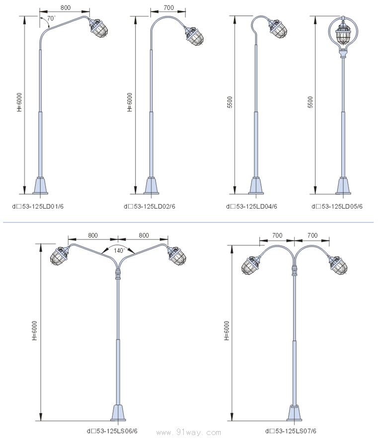d□□-l防爆路灯(Ⅱb,Ⅱc)外形尺寸及安装示意图